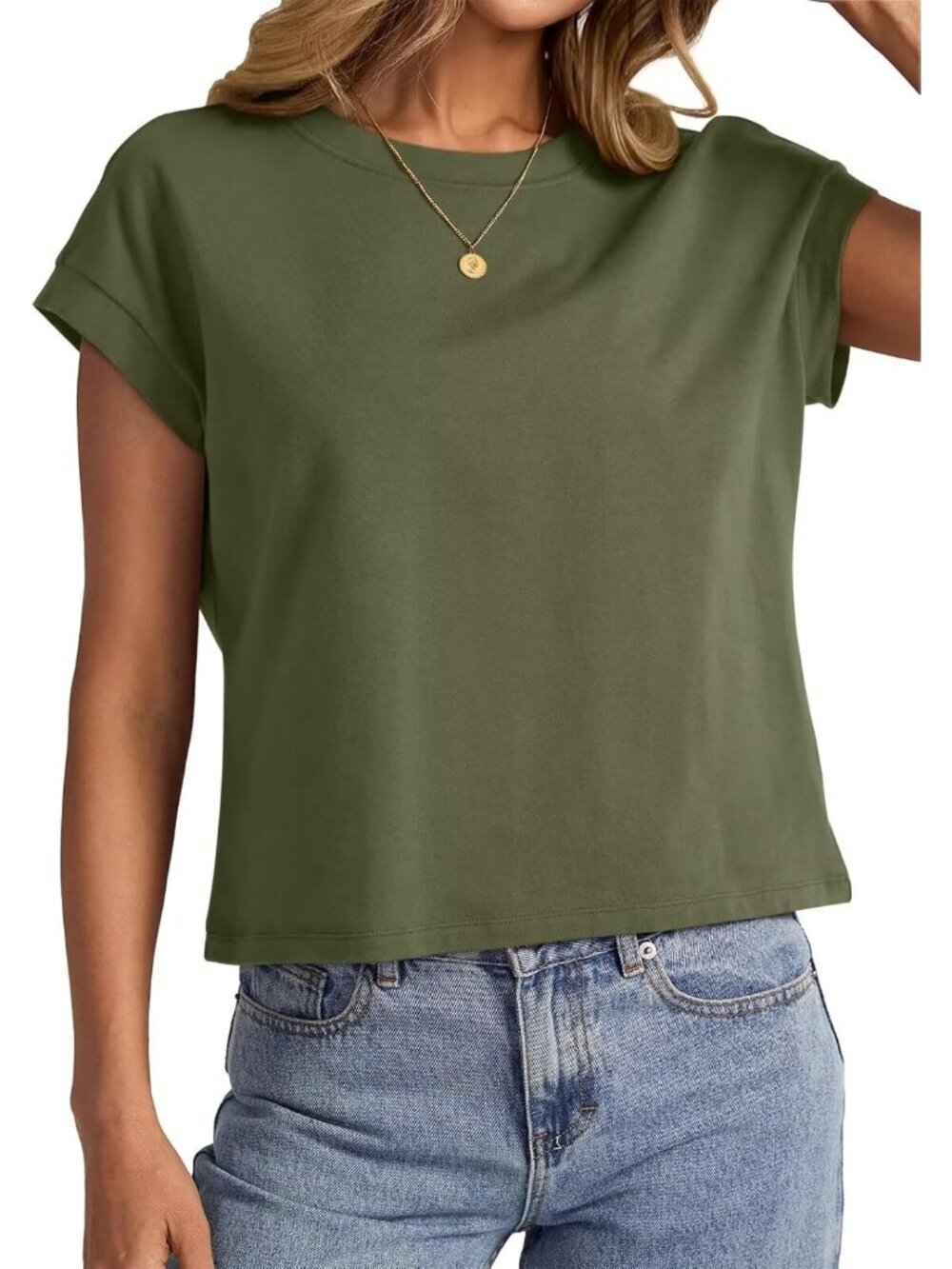 〽️Women Army Green Cap Sleeve Crewneck Loose Fit Casual Summer Pull On Crop Tops